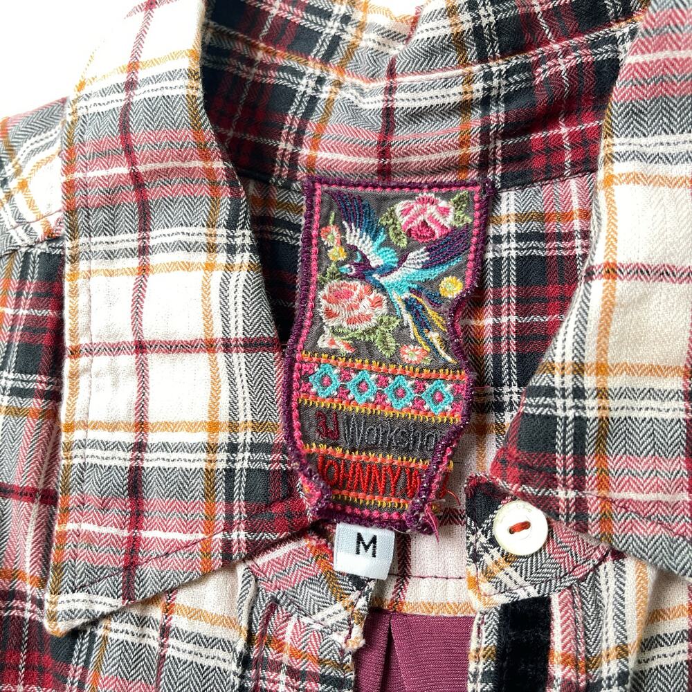 Johnny Was 3J Workshop Lorie Boho Plaid Button Down Embroidered Velvet Back Sz M - Picture 8 of 16